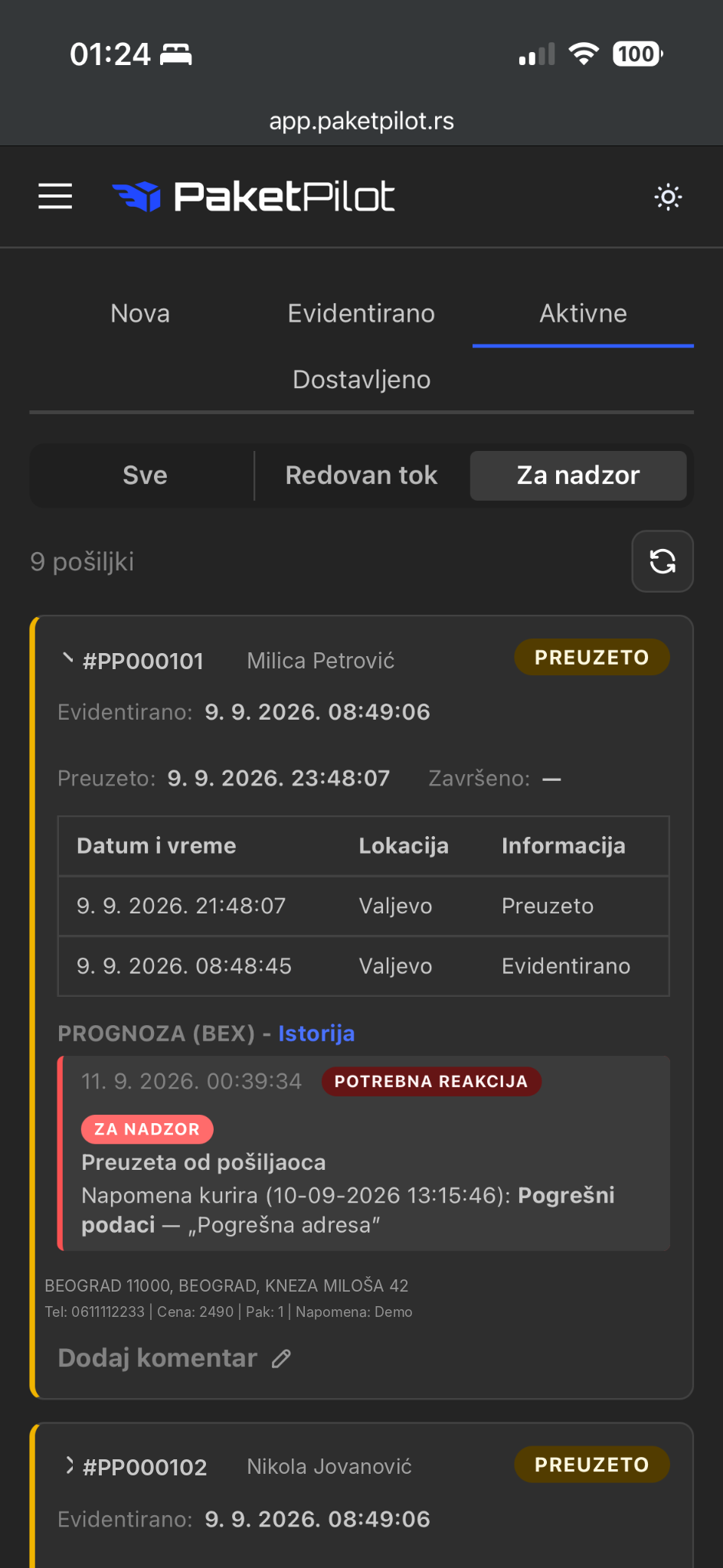 PaketPilot na telefonu — pošiljke za nadzor