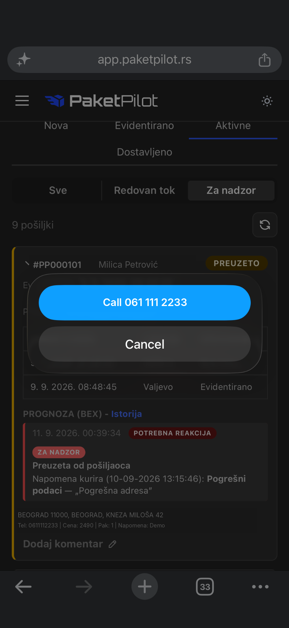 Poziv kupcu direktno iz aplikacije