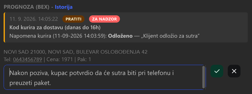 Detalj problematične pošiljke sa napomenom kurira